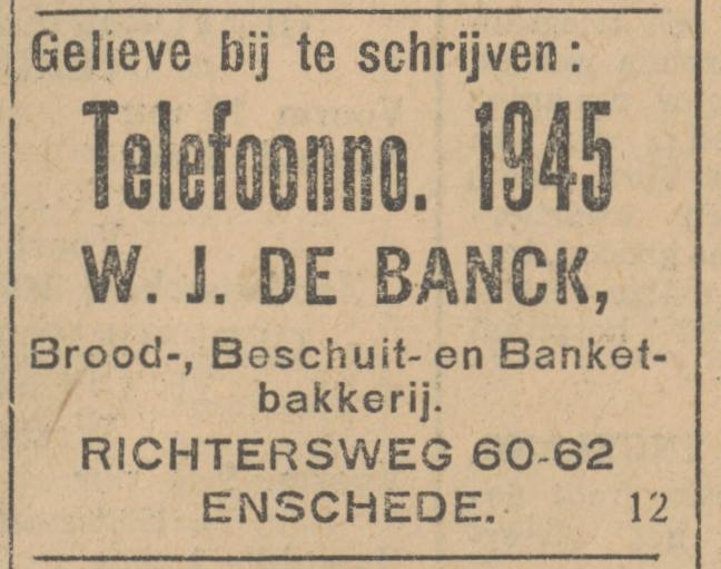 Richtersweg 60-62 W.J. de Banck Brood- en Banketbakkerij advertentie Tubantia 16-11-1929.jpg