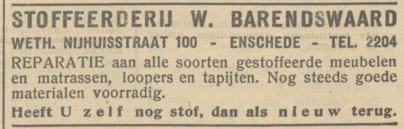 Wethouder Nijhuisstraat 100 W. Barendswaard stofferderij advertentie 26-6-1945.jpg
