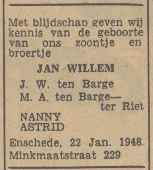 Minkmaatstraat 229 J.W. ten Barge advertentie Tubantia 24-1-1948.jpg