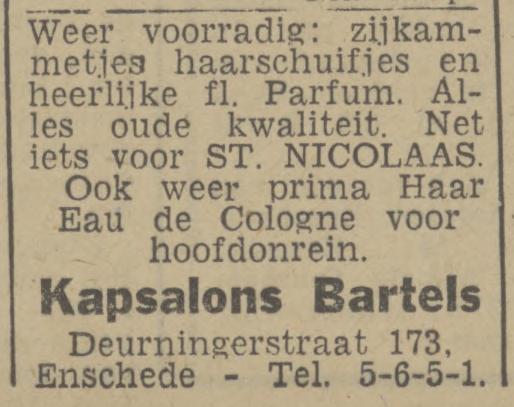 Deurningerstraat 173 kapsalons G. Bartels advertentie Twentsch nieuwsblad 12-11-1943.jpg