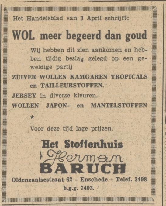 Oldenzaalsestraat 62 Stoffenhuis Herman Baruch advertentie Tubantia 6-4-1951.jpg