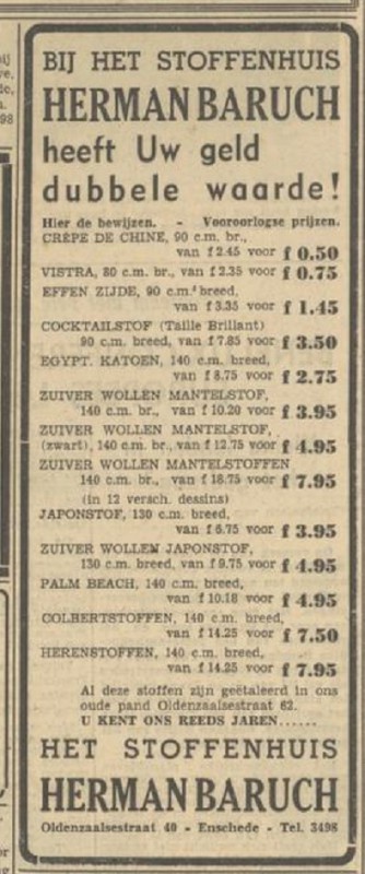 Oldenzaalsestraat 40 en 62 Stoffenhuis Herman Baruch advertentie Tubantia 26-10-1951.jpg