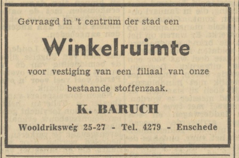 Wooldriksweg 25-27 K. Baruch stoffenzaak advertentie Tubantia 11-12-1951.jpg