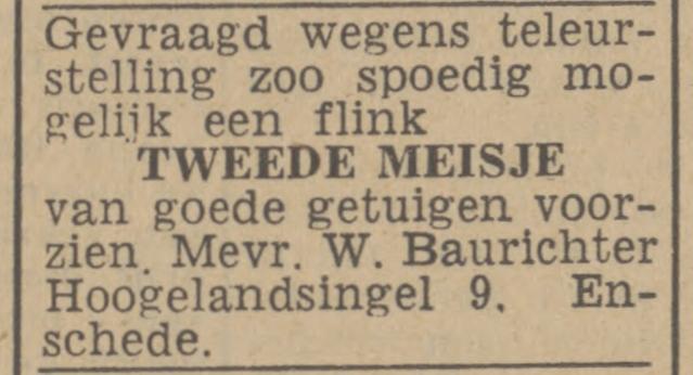 Hogelandsingel 9 Mevr. W. Baurichter advertentie Twentsch nieuwsblad 29-3-1943.jpg