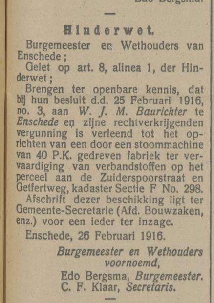 Zuiderspoorstraat Getfertweg verbandstoffenfabriek W.J.M. Baurichter Hinderwet krantenbericht Tubantia 29-2-1916.jpg