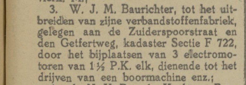 Zuiderspoorstraat Getfertweg verbandstoffenfabriek W.J.M. Baurichter krantenbericht Tubantia 25-6-1921.jpg