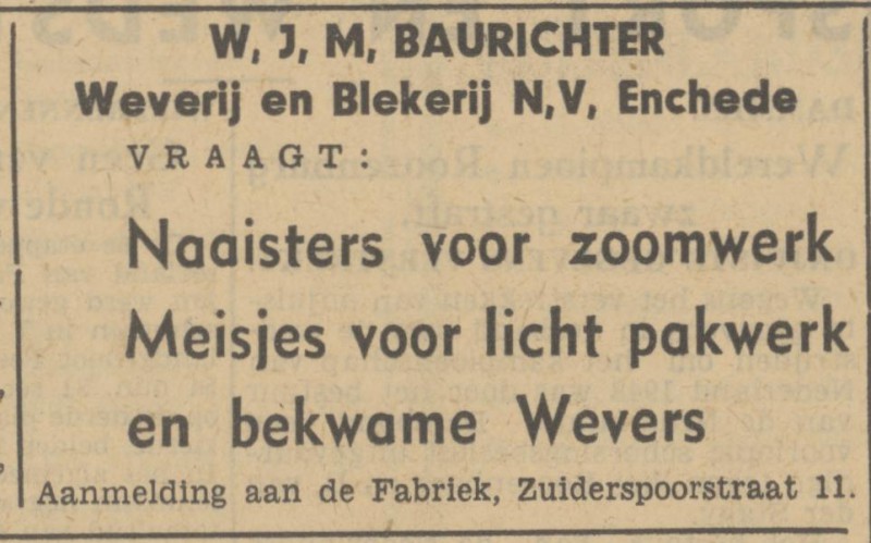 Zuiderspoorstraat 11 W.J.M. Baurichter Weverij en Blekerij N.V. advertentie Tubantia 5-8-1949.jpg