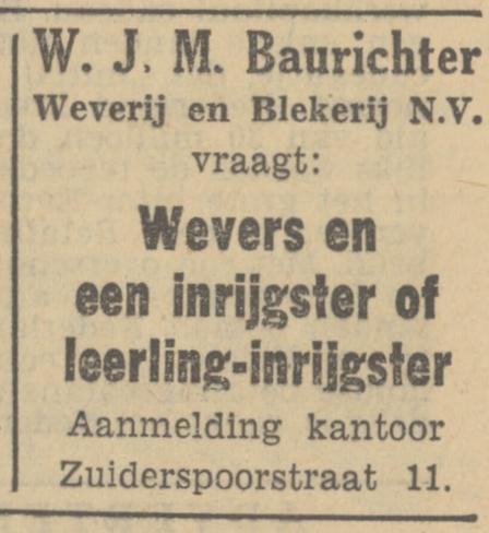 Zuiderspoorstraat 11 W.J.M. Baurichter Weverij en Blekerij N.V. advertentie Tubantia 12-12-1950.jpg