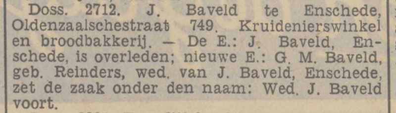 Oldenzaalsestraat 749 Wed. J. Baveld kruidenierswinkel en broodbakkerij krantenbericht Tubantia 20-4-1938.jpg