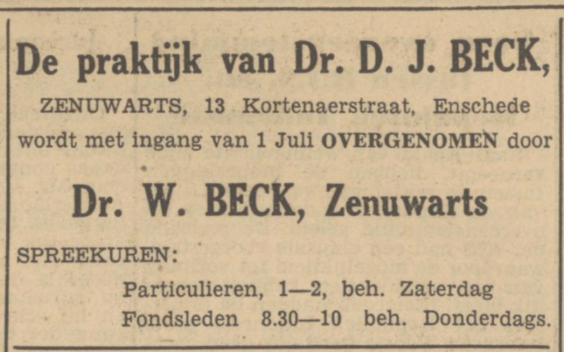 Kortenaerstraat 13 Dr.D.J. Beck advertentie Tubantia 1-7-1950.jpg