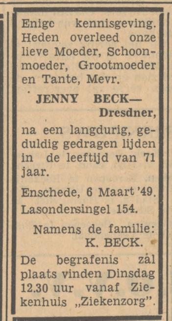 Lasondersingel 154 K. Beck familieadvertentie Tubantia 7-3-1949.jpg