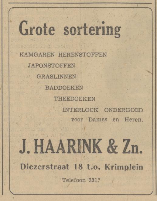 Diezerstraat 18 t.o. Krimplein J. Haarink & Zn advertentie Tubantia 24-2-1951.jpg