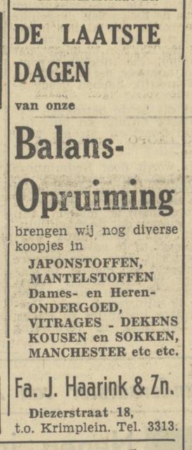 Diezerstraat 18 t.o. Krimplein J. Haarink & Zn advertentie Tubantia29-1-1950.jpg