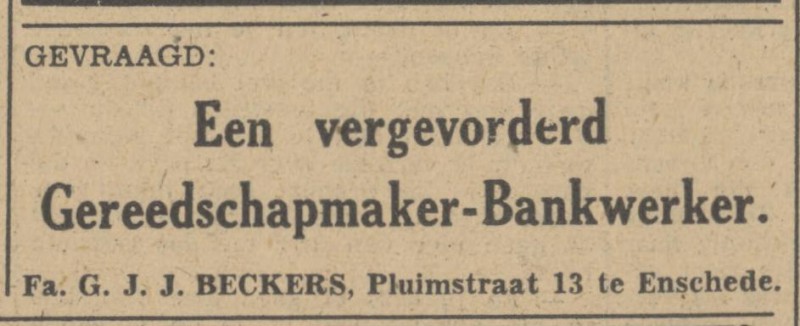 Pluimstraat 13 Fa. G.J.J. Beckers advertentie Tubantia 12-11-1947.jpg