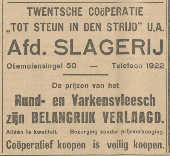 Oliemolensingel 50 Twentsche Coöperatie Tot Steun in den Strijd U.A. Afd. Slagerij advertentie Tubantia 14-10-1931.jpg
