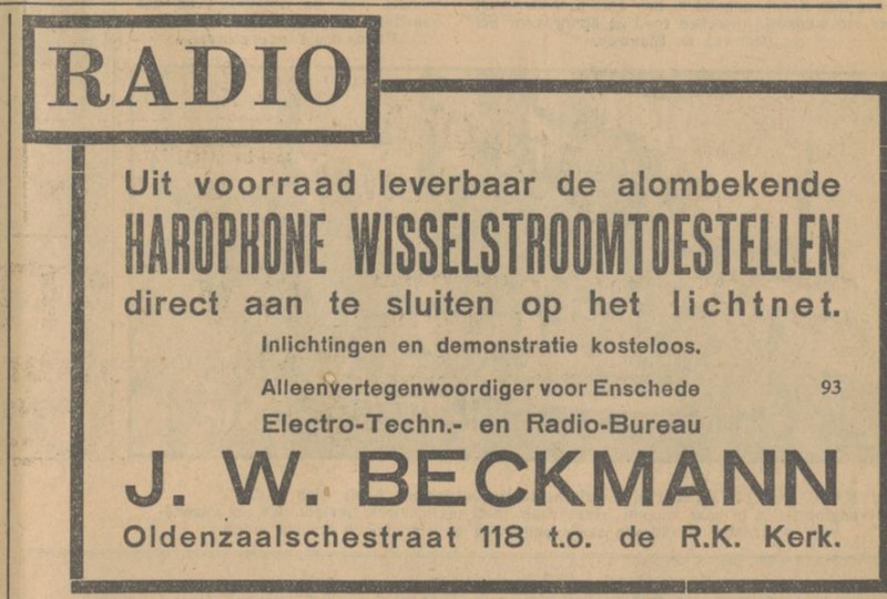 Oldenzaalsestraat 118 J.W. Beckmann Electr. Techn. Bureau advertentie Tubantia 11-9-1929.jpg