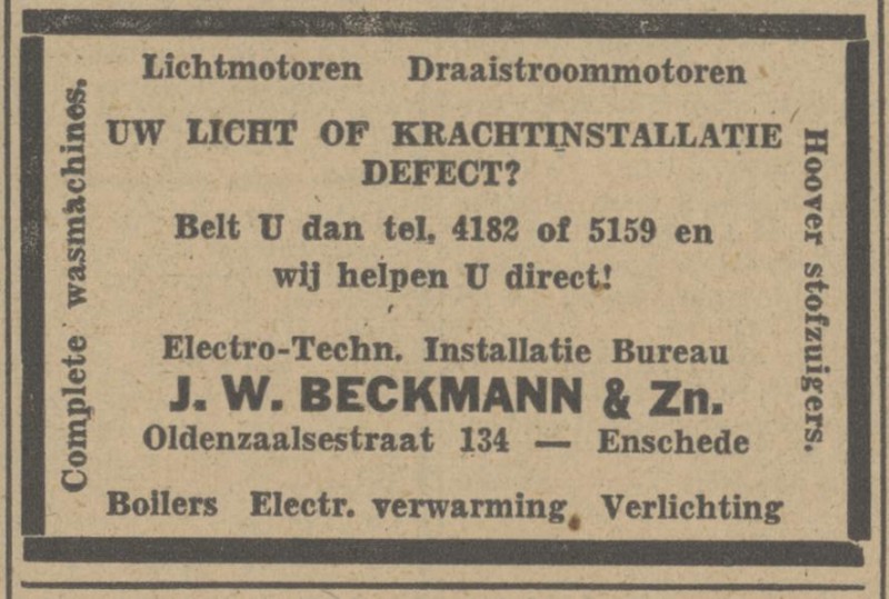 Oldenzaalsestraat 134 J.W. Beckmann Electr. Techn. Bureau advertentie Tubantia 7-1-1948.jpg