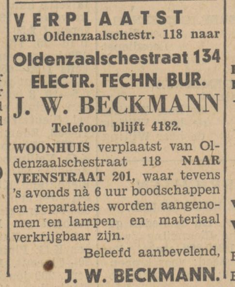Oldenzaalsestraat 134 J.W. Beckmann Electr. Techn. Bureau advertentie Tubantia 8-9-1934.jpg