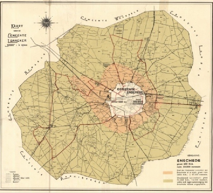 Plattegrond van Lonneker in 1933. Kaart i.v.m. grenswijziging. Lonneker 16.000 inwoners. Enschede 50.000 inwoners. Met verklarende tekst.jpg