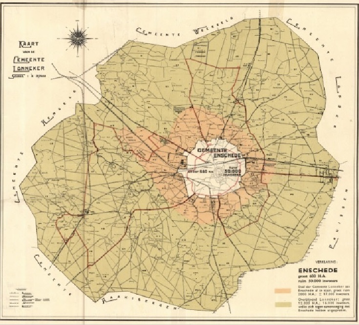 Plattegrond van Lonneker in 1933. Kaart i.v.m. grenswijziging. Lonneker 16.000 inwoners. Enschede 50.000 inwoners. Met verklarende tekst.jpg