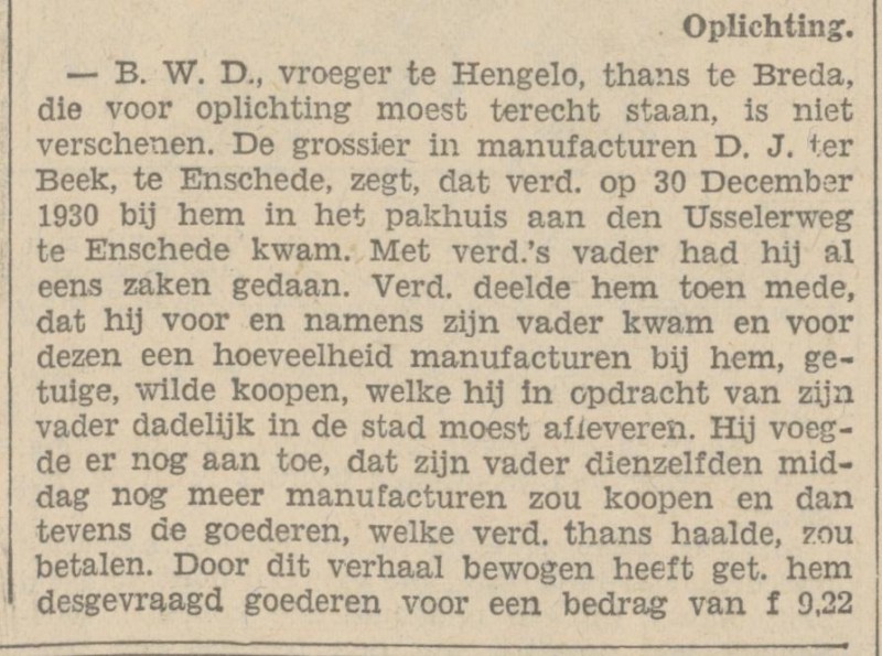Usselerweg D.J. ter Beek grossier in manufacturen krantenbericht 4-2-1932.jpg