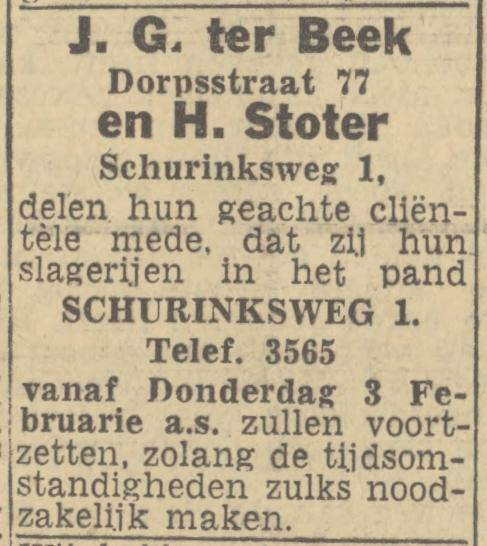 Dorpsstraat 77 slagerij J.G. ter Beek advertentie Twentsch nieuwsblad 31-1-1944.jpg
