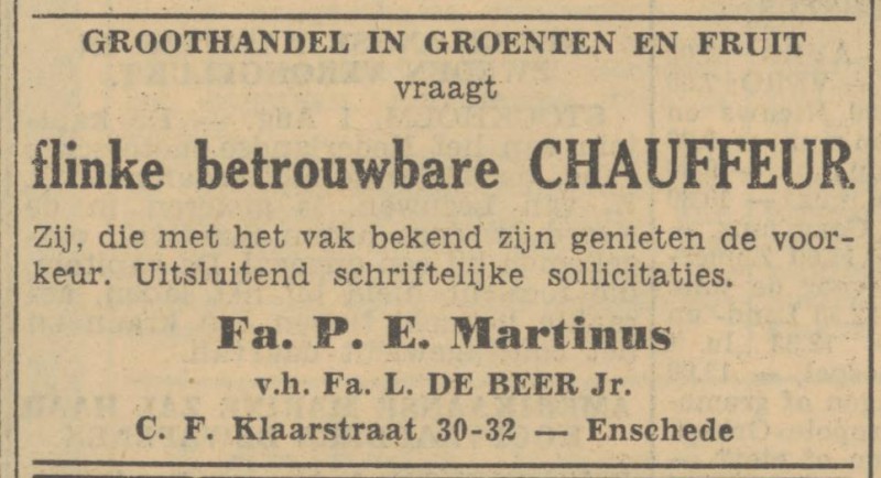 C.F. Klaarstraat 30-32 Fa. P.E. Martinus v.h. Fa. L. de Beer Jr. advertentie Tubantia 1-8-1951.jpg