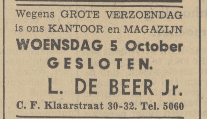 C.F. Klaarstraat 30-32. L. de Beer Jr. advertentie Tubantia 3-10-1938.jpg