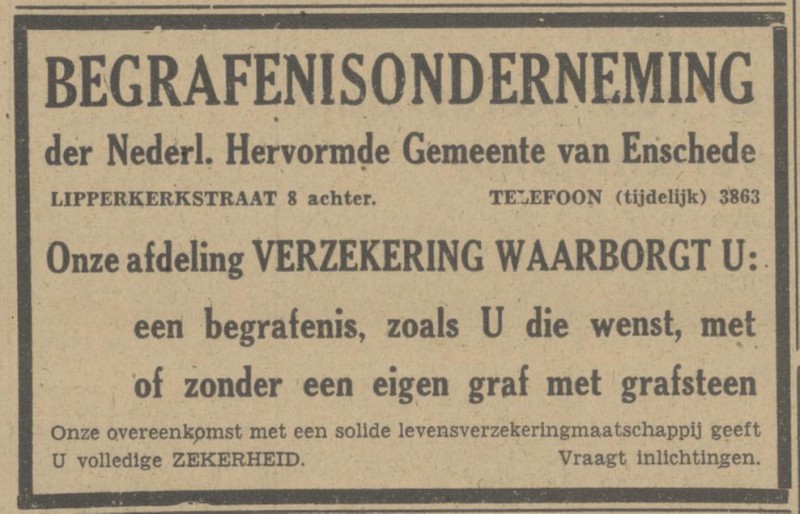 Lipperkerkstraat 8 achter Begrafenis Onderneming Nederl. Hervormde Gemeente advertentie Tubantia 4-3-1948.jpg