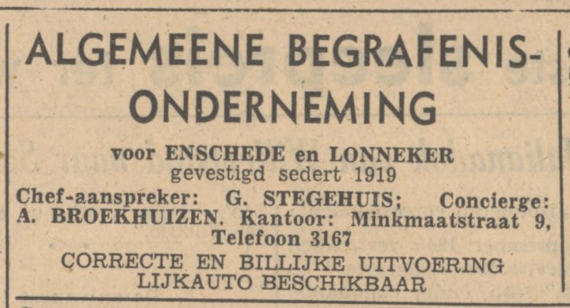 Minkmaatstraat 9 Alg. Begrafenisondern. voor Enschede en Lonneker A. Broekhuizen advertentie Tubantia 26-4-1947.jpg