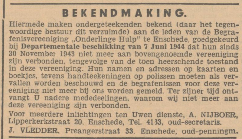 Lipperkerkstraat 20 Begrafenisver. Onderlinge Hulp advertentie Het Vrije Volk 10-7-1945.jpg