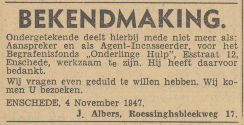 Roessinghsbleekweg 17 Begrafenisfonds Onderlinge Hulop advertentie Tubantia 5-11-1947.jpg