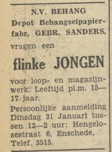 Hengelosestraat 6 Gebr. Sanders Depot Behangselpapierfabriek advertentie Tubantia 28-1-1950.jpg