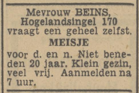 Hogelandsingel 170 Mevr. Beins advertentie Tubantia 30-1-1948.jpg