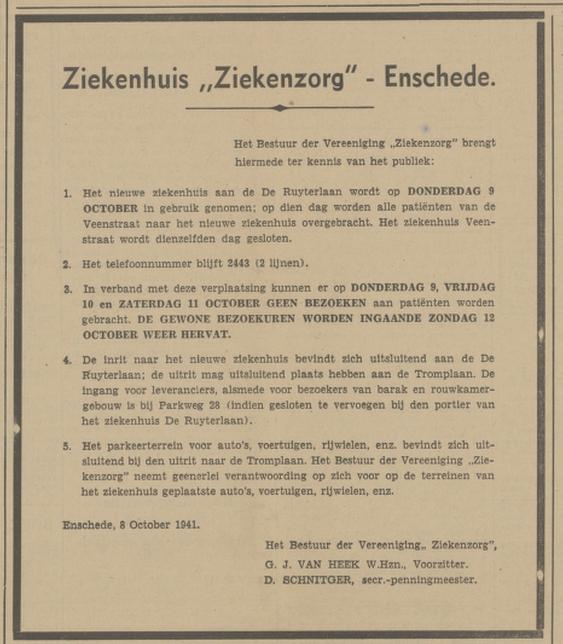 De Ruyterlaan ziekenhuis Ziekenzorg verhuizing Veenstraat advertentie Tubantia 8-10-1941.jpg