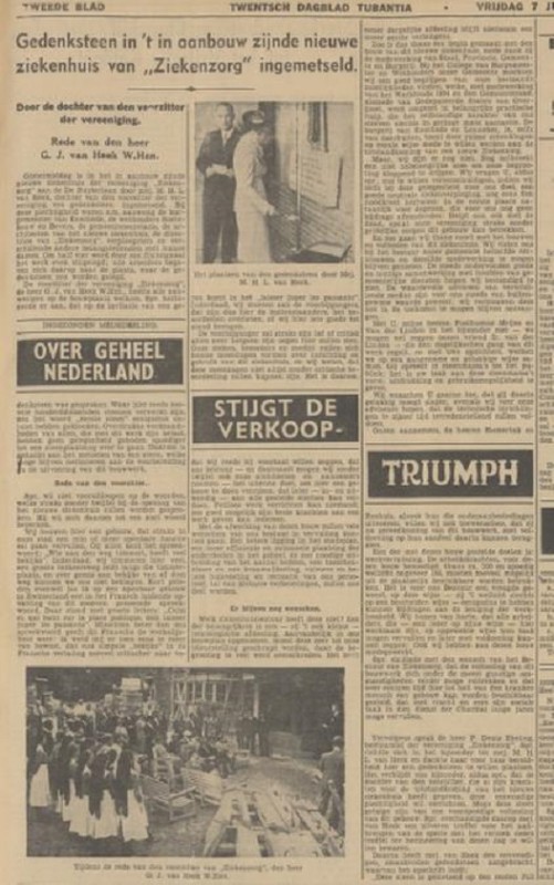 De Ruyterlaan ziekenhuis Ziekenzorg gedenksteen bij nieuwbouw krantenbericht Tubantia 7-7-1939.jpg