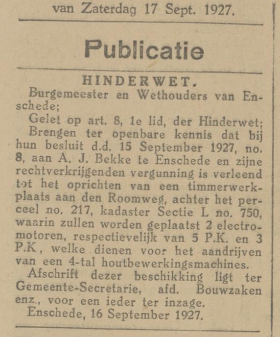 Roomweg 217 A.J. Bekke Hinderwet bericht Tubantia 17-9-1927.jpg
