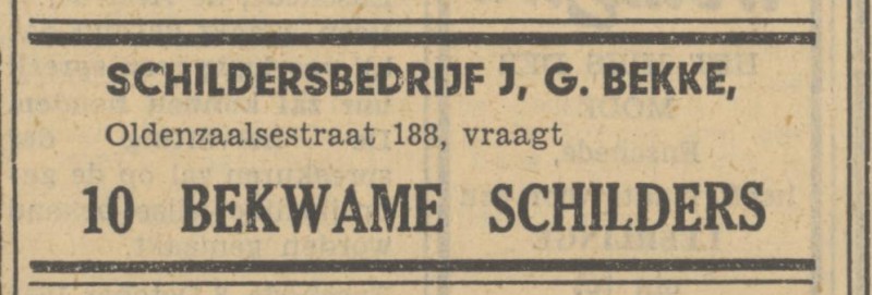 Oldenzaalsestraat 188 J.G. Bekke schildersbedrijf advertentie Tubantia 8-10-1949.jpg