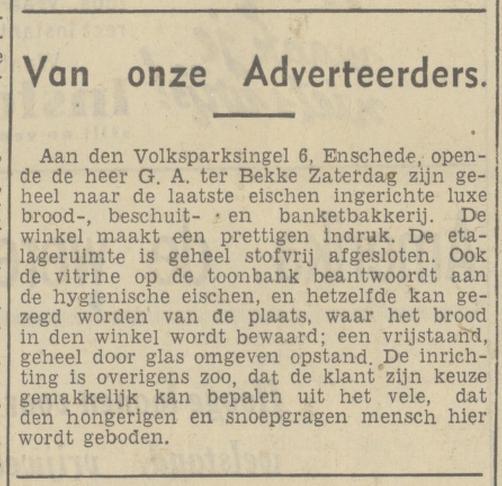 Volksparksingel 6 G.A. ter Bekke Banketbakker krantenberichtTubantia 25-10-1937.jpg
