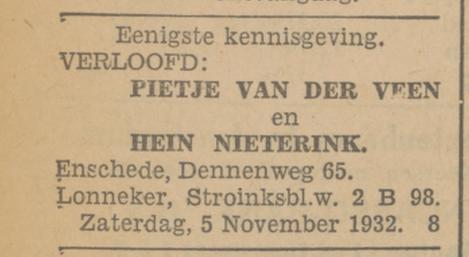 Dennenweg 65 Pietje van der Veen Hein Nieterink verlovingsadvertentie Tubantia 3-11-1932.jpg