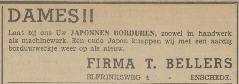 Elfrinksweg 4 Fa. T. Bellers advertentie Tubantia 9-9-1942.jpg
