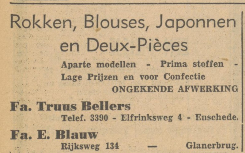 Elfrinksweg 4 Fa. Truus Bellers advertentie Tubantia 27-4-1951.jpg