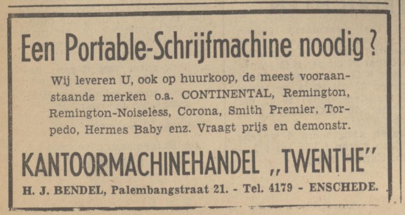 Palembangstraat 21 kantoormachinehandel Twenthe H.J. Bendel advertentie Tubantia 2-11-1939.jpg