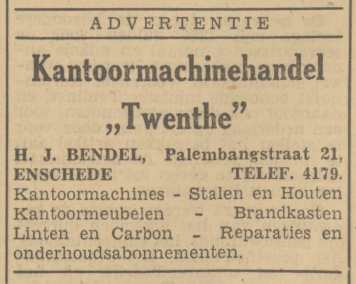 Palembangstraat 21 kantoormachinehandel Twenthe H.J. Bendel advertentie Tubantia 19-11-1949.jpg
