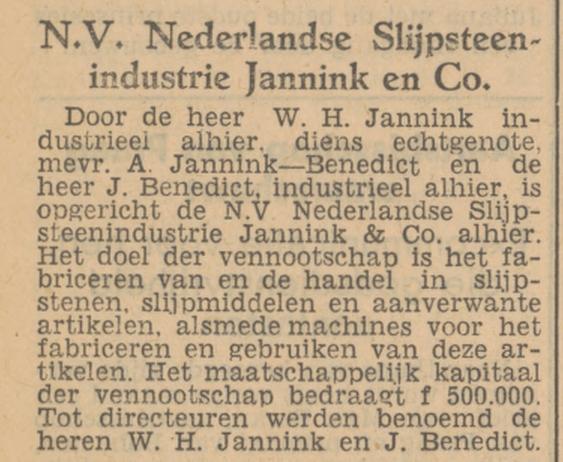 J. Benedict directeur N.V. Nederlandse Slijpsteenindustrie Jannink & Co. adverventie Tubantia 30-3-1949.jpg