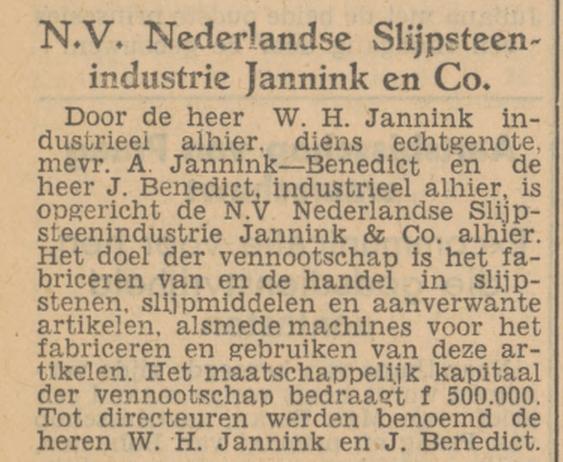 J. Benedict directeur N.V. Nederlandse Slijpsteenindustrie Jannink & Co. adverventie Tubantia 30-3-1949.jpg