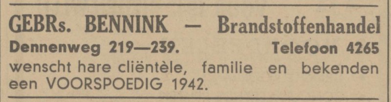Dennenweg 239 Gebr. Bennink Brandstoffenhandel advertentie Tubantia 31-12-1941.jpg