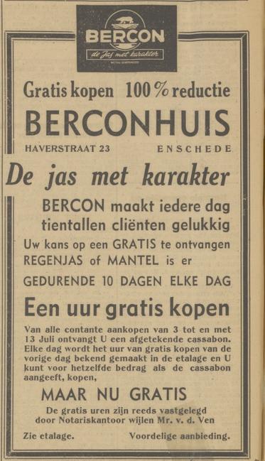 Haverstraat 23 Berconhuis advertentie Tubantia 2-7-1951.jpg