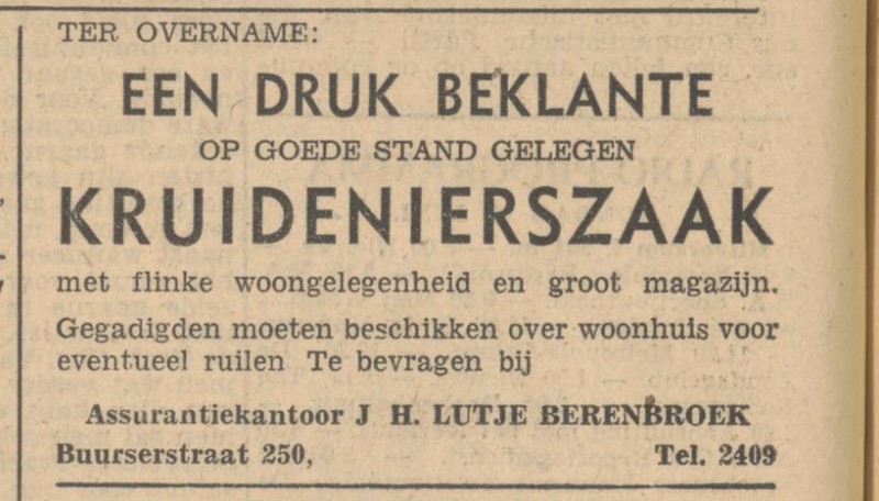 Buurserstraat 250 Assurantiekantorr J.H. Lutje Berenbroek advertentie Tubantia 28-6-1942.jpg
