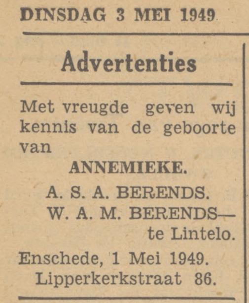 Lipperkerkstraat 86 A.S.A. Berends te Lintelo advertentie Tubantia 3-5-1949.jpg